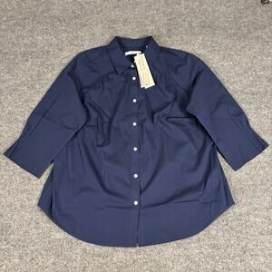 Foxcroft Paulie 3/4 Sol Stretch Long Sleeve Blue Button Shirt NWT Size 14